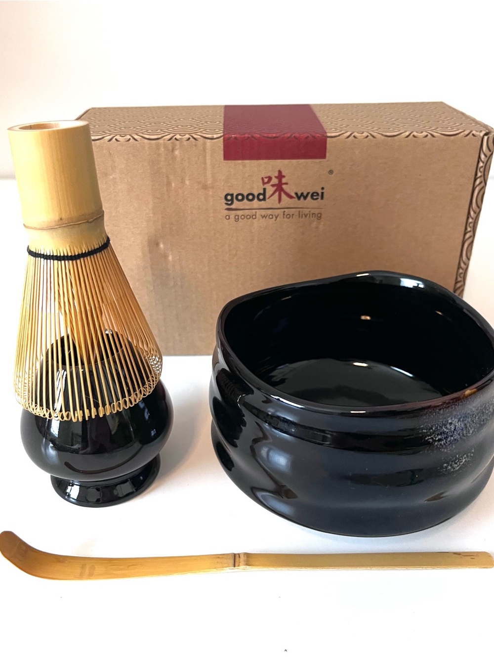 Good Wei Black Blue Ceramic Japan Matcha Tea Set  Bamboo Whisk and Scoop Holder